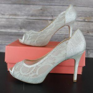 De Blossom Collection Silver Lace Formal Shoe size 10 Stiletto High Heel Peeptoe
